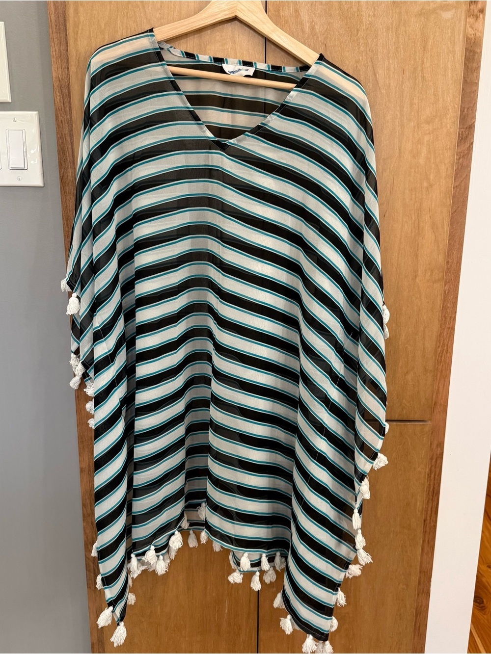 ⛱️🔥Swimsuits for All - Teal, Black & White Striped V-Neck Tassel Trim Cover-Up